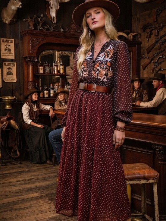 Dresses & Skirts - Women's Burgundy Long Sleeve Boho Maxi Dress